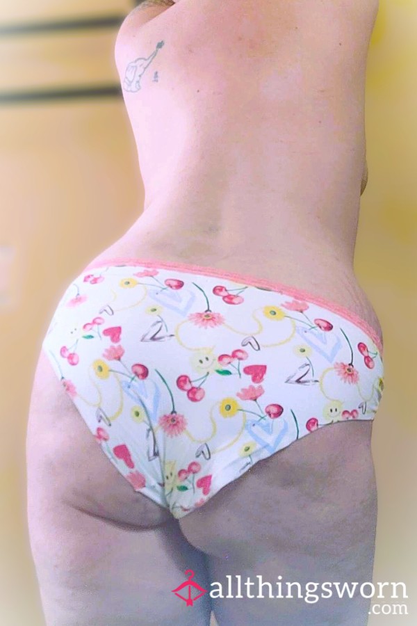 Patterned Dirty Panties With Pink Trim And Cherry/Flower Patterns