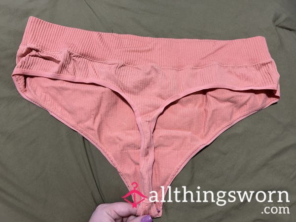 ~PEACH RIBBED HIGH WAISTED THONG~