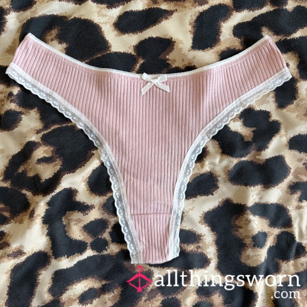 Peach Ribbed Lace Thong - 24hrs Wear Included