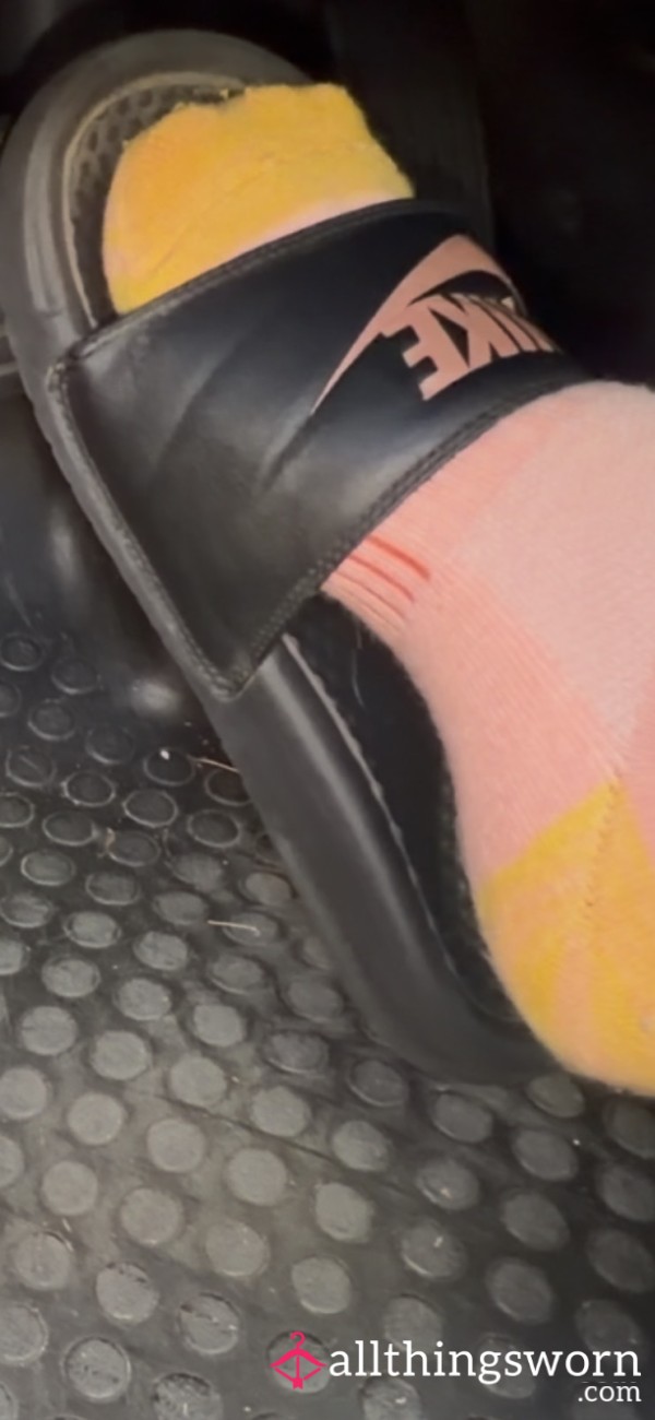 Pedal Pushing Nike Slides With Socks Driving