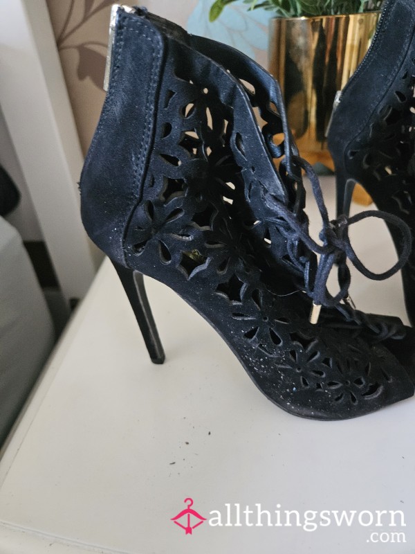 P**ps Toe Lace Up Stilettos In Black Suede Well Worn By Goddess Ideal For All You Heel Worshippers