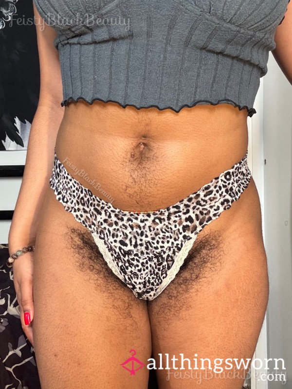 PERSONAL COLLECTION: Medium Black & White Lace Cotton Thong (Well Worn, Torn, Tear, Old, Strong Scent, Hairy, Bush, Ebony)