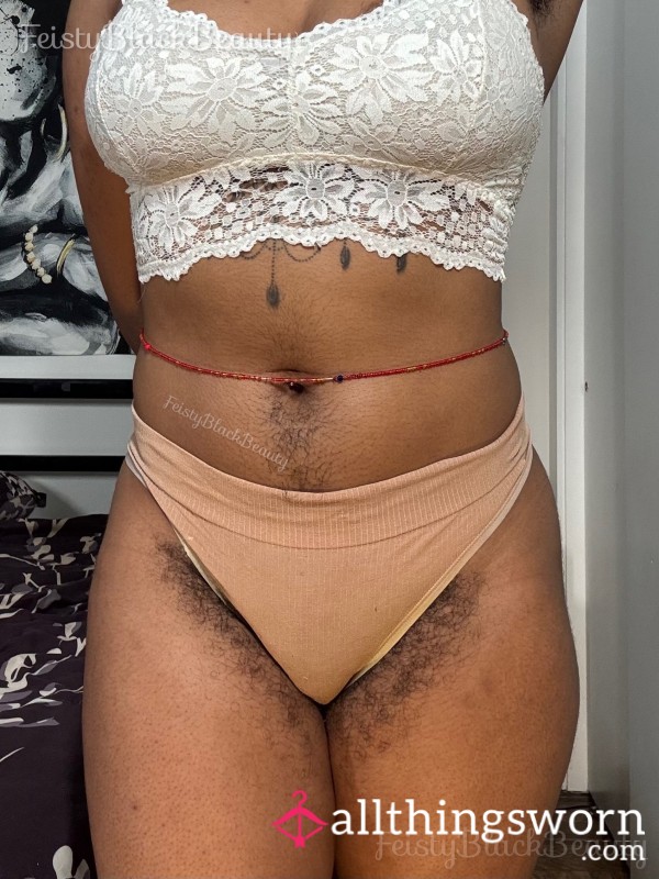 PERSONAL COLLECTION: Medium Tan Aerie Cotton Thong (Well Worn, Torn, Tear, Old, Strong Scent, Hairy, Bush, Ebony)
