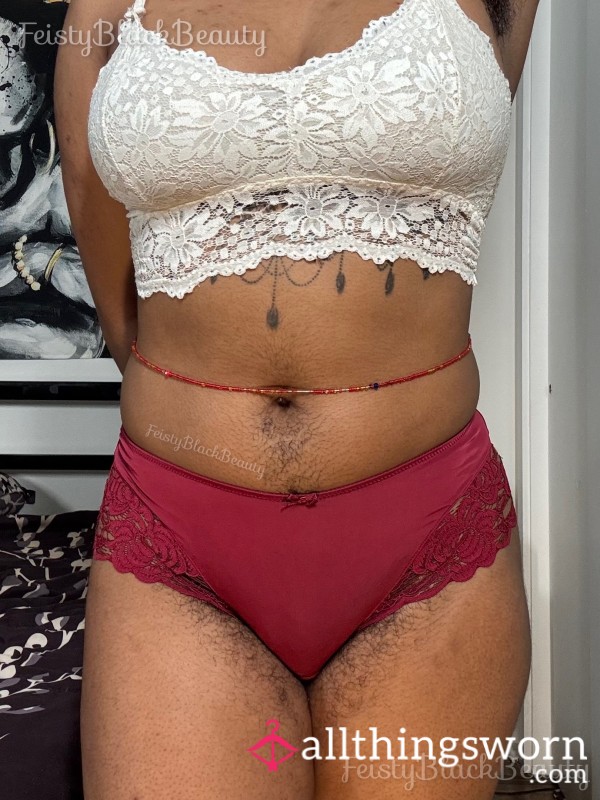 PERSONAL COLLECTION: Small Red Adoreme Nylon Lace Cheekies (Well Worn, Torn, Tear, Old, Strong Scent, Hairy, Bush, Ebony)