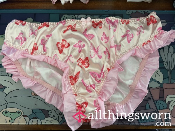 Pink And Cream Satin Bu*terfly Panties Size 1XL