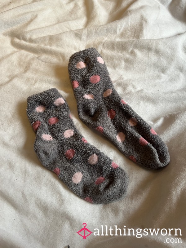 Pink And Grey Polka Dot Fluffy Thick Slipper Socks 3 Day Wear