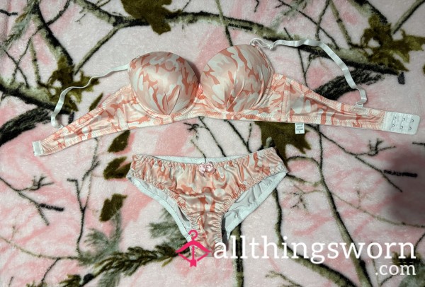 Pink And White Camo Camouflage Bra And Silk Panties Worn As A Size 6