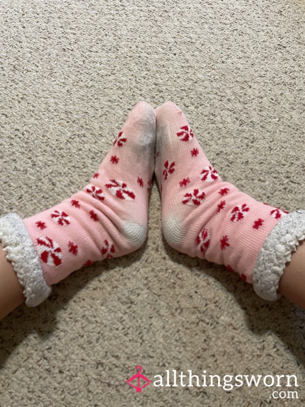 Pink And White Candy Cane Cabin Socks