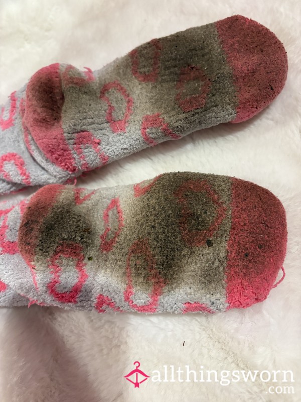 SOLD Pink And White Fluffy Love Heart Work Socks Wet And Dirty Size 3