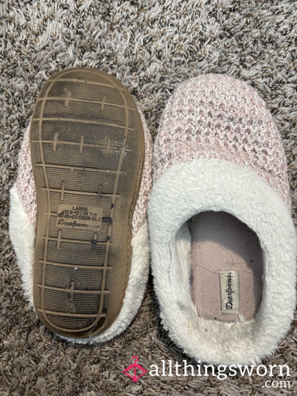 Pink And White Fluffy Slippers - Well Worn