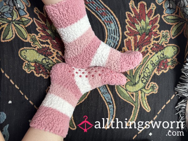 Pink And White Striped Fuzzy Socks