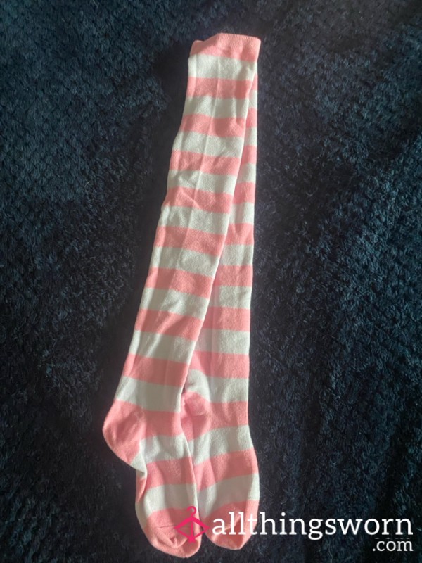 Pink And White Striped Knee High Socks