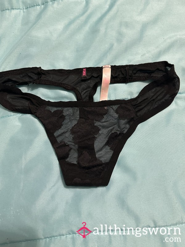 PINK Black Flower Lace Thong