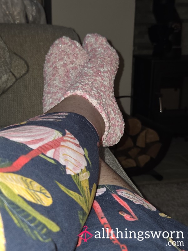 Pink Bobbly Cozy  Socks  Worn Every Evening For 2 Weeks Unwashed