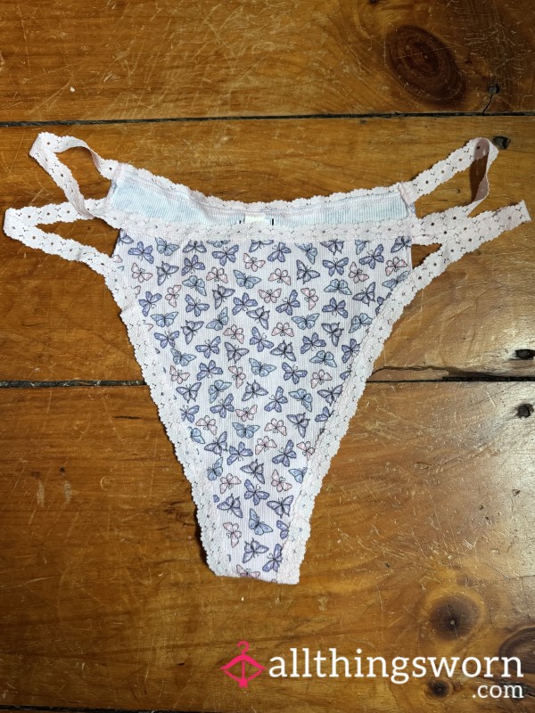 🩷🦋 Pink Bu*terfly, Print, Ribbed, Cotton Double String Side Thong, XXL, VS