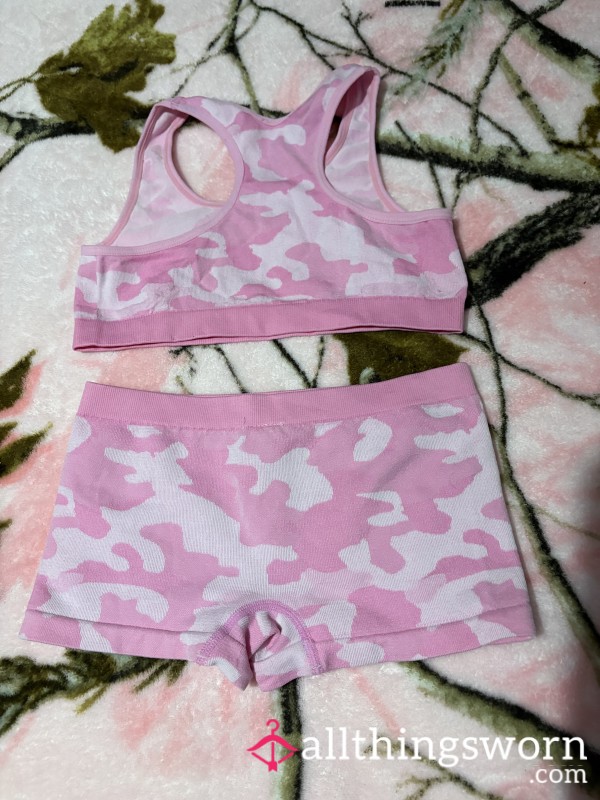 Pink Camo Camouflage Top Style Bra With Boxer Style Knickers Worn As A Size 6