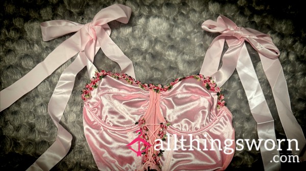 Pink Corset With Satin Straps That Tie At The Shoulder. Super Silky