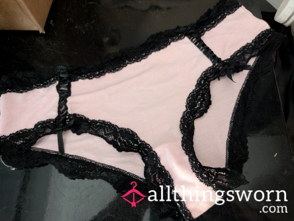 Pink Cotton And Black Lace Panties, Size L