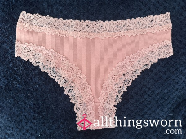 Pink Cotton Ribbed Panties Lace Trim