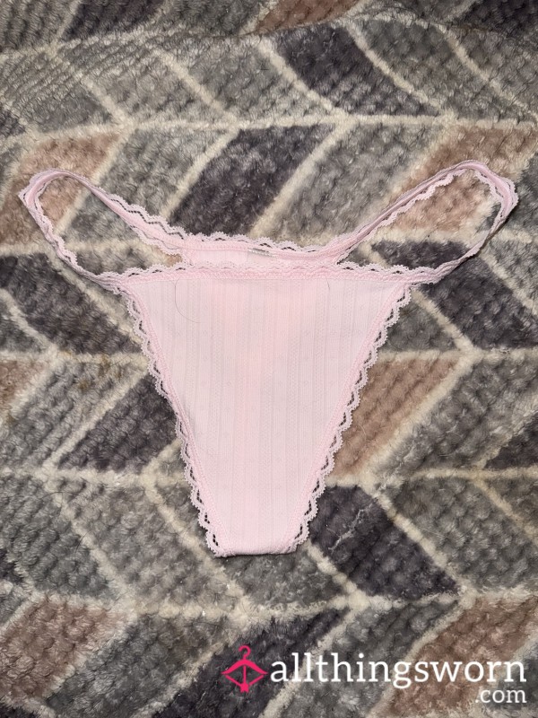 Pink Cotton Ribed Thong With Lace Trim