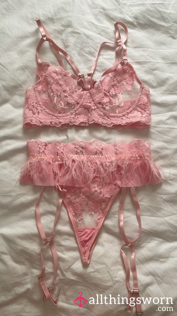 Pink Feather Detail 3 Piece Lingerie Set