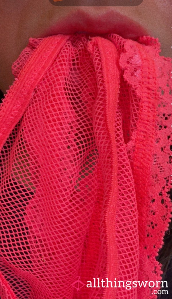 Pink Fishnet Style Thong. Soaked And Then Soaked Again! Worn While I Fingered My Pu**y And Squirted In Multiple Times💦💦💦