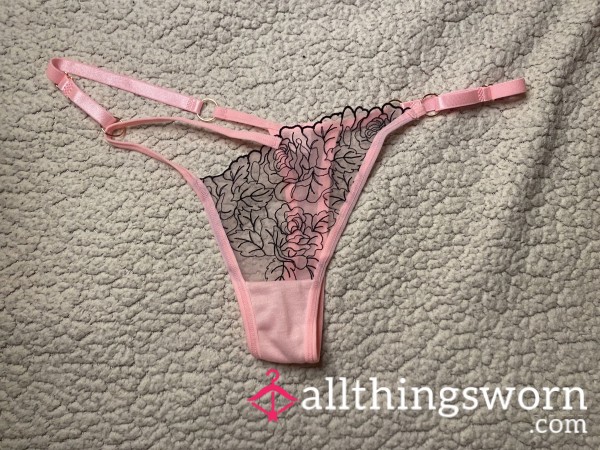 Pink Flor*l Embroidered Thong