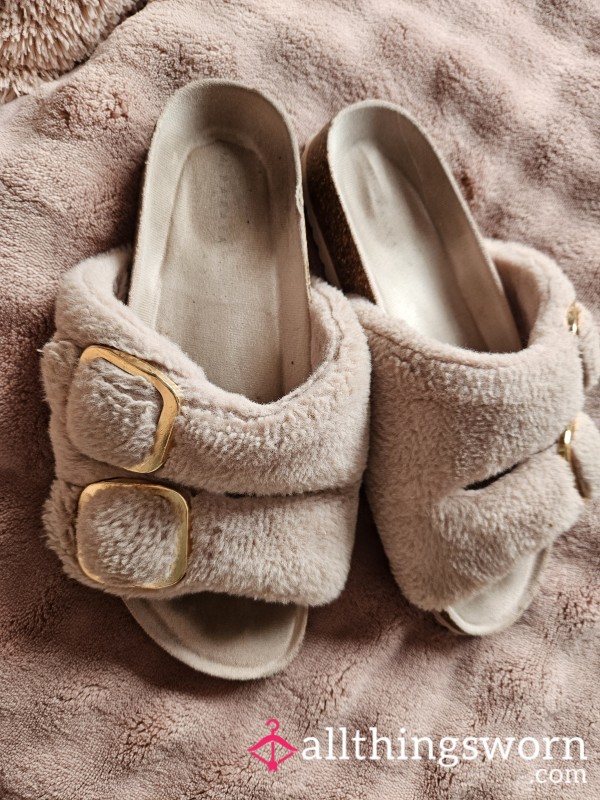 Pink Fluffy Slippers Size 4 (heavily Worn)
