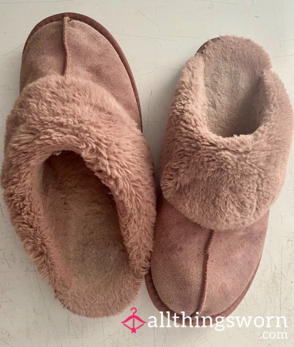 Pink Fluffy Slippers With Dirty Insoles