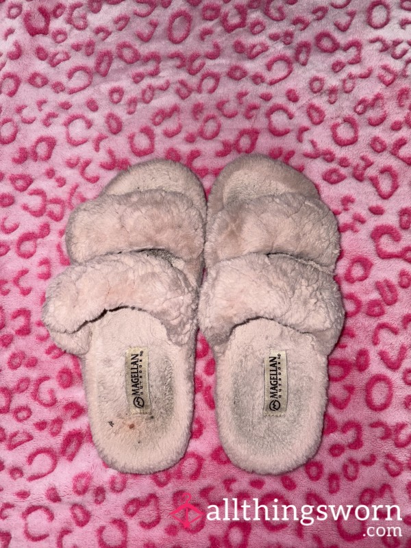 Pink, Fluffy Well Worn Slippers