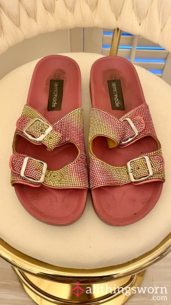 Pink Glittery Flat Sandals Size 8