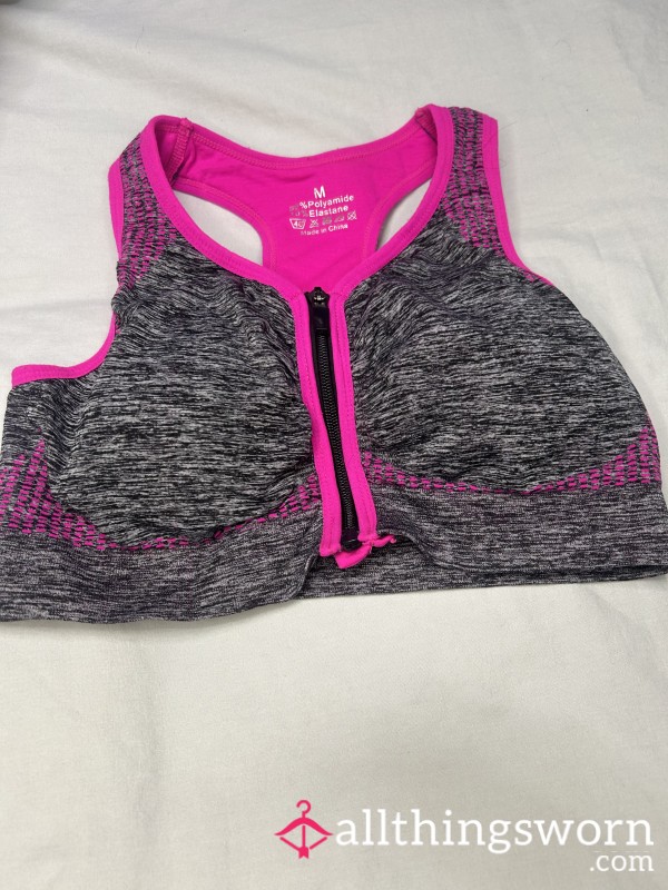 Pink & Grey Zip-Front Sports Bra 💋 Gym Worn For You 💋