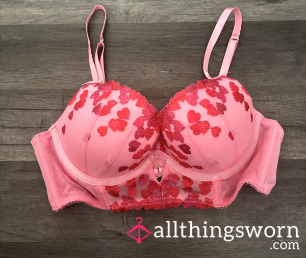 Pink Heart Embroidered Bra