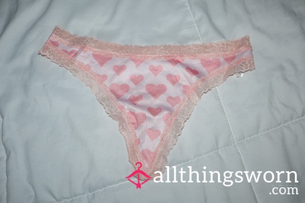 Pink Heart Print Lace Trim Thong