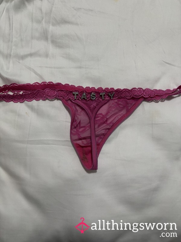 Pink Heart Tasty Jeweled Thong (STAINED & USED)