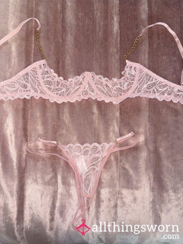 Pink Lace Crotchless Lingerie Set💓🌸🎀👙