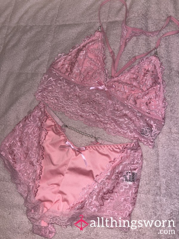 Pink Lace Lingerie Set 🎀 Pearl & Diamante Details