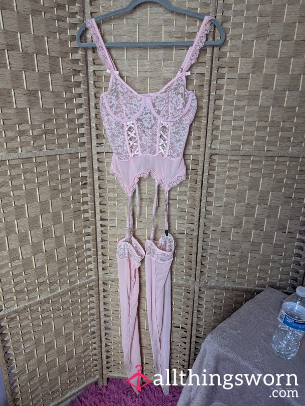 Pink Lingerie Lace Stockings And Suspenders