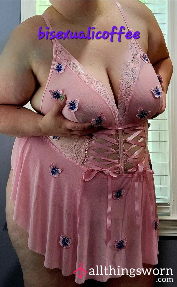 Pink Lingerie With Blue Bu*terflies