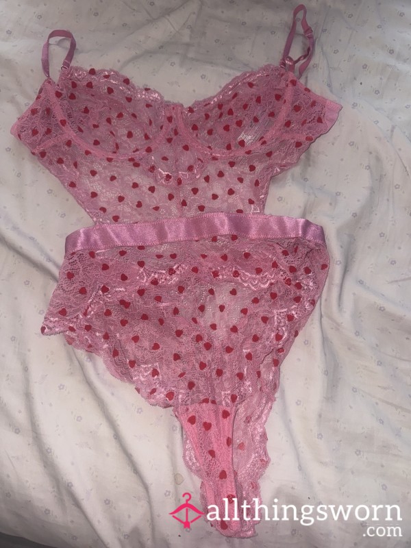 Pink Love Heart Lingerie Thong Set