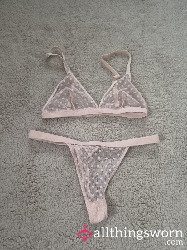 Pink Mesh Polka Dot Bra And Thong Sett