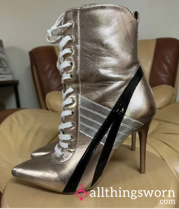 PINK METALLIC STINKY LACE UP HIGH HEEL BOOTS