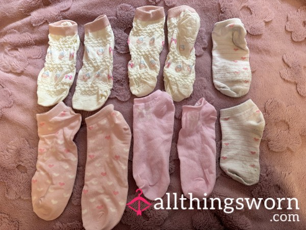 Pink Or White Ankle Hearts Bows Strawberry’s Cute Girly Socks Worn On My Sweaty Little Size 3 Feet