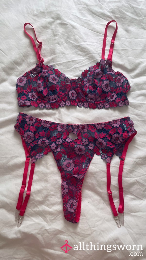 Pink & Purple Flower Design 3 Piece Lingerie Set