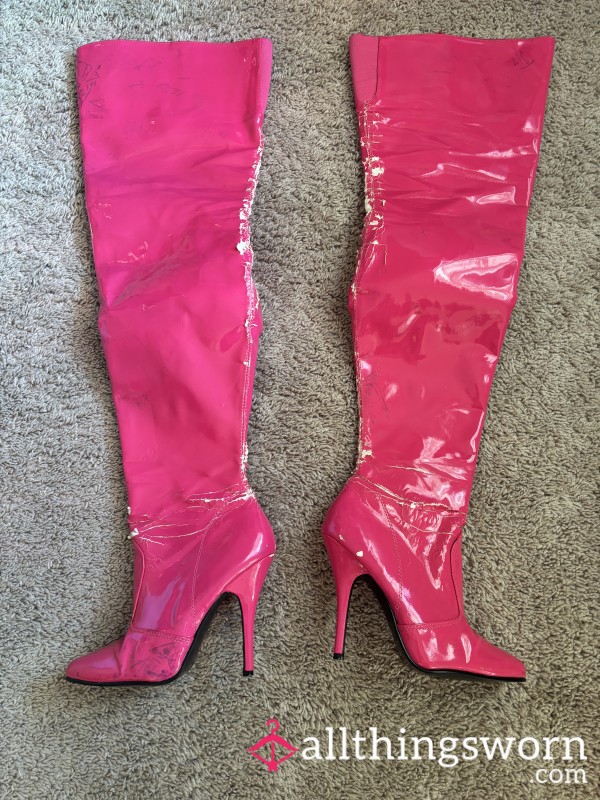 Pink PVC Thigh High Boots VERY Worn