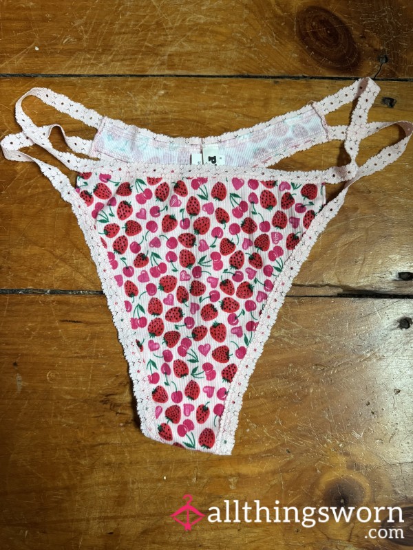 🩷🍓Pink Ribbed Cotton Strawberry Cherry Heart Thong, XXL, VS
