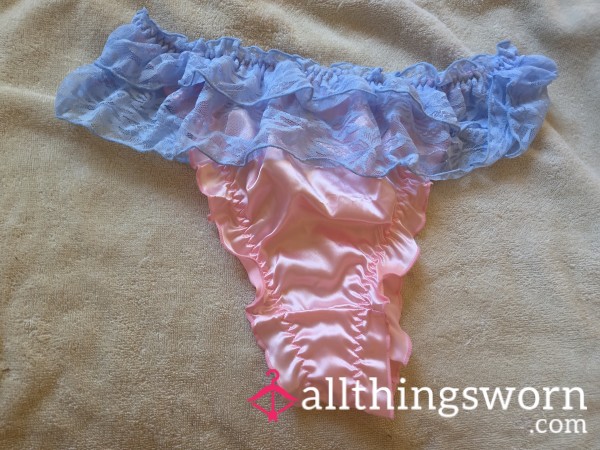 Pink Satin Like Thong With Blue Lace Size Extra Large