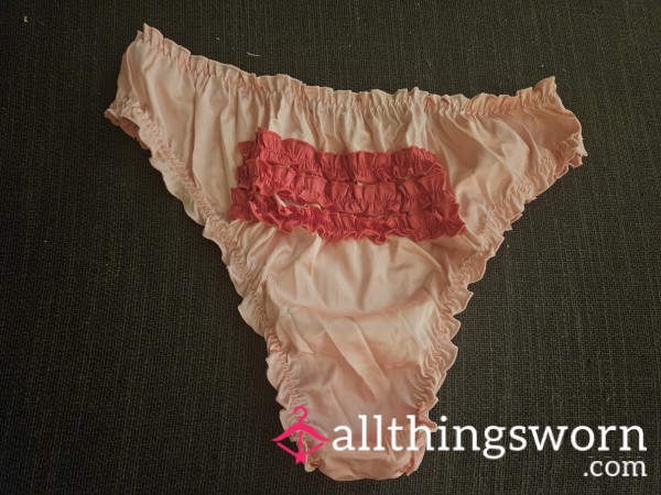 Pink Satin Like Thong With Dark Pink Ruffles Extra Large