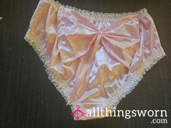 Pink Satin Panties With Bow And White Lace Size Extra Large