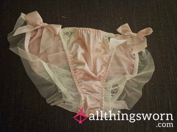 Pink Satin Panties With White Lace Size Extra Large